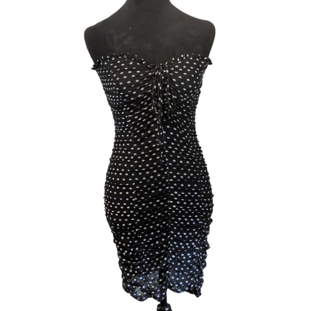 Romantic Goth Dark Coquette Ruched Polka Dot Strapless Mini Dress, Size Medium